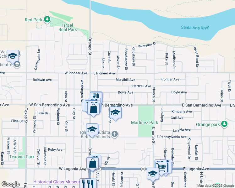map of restaurants, bars, coffee shops, grocery stores, and more near 318 Doyle Avenue in Redlands