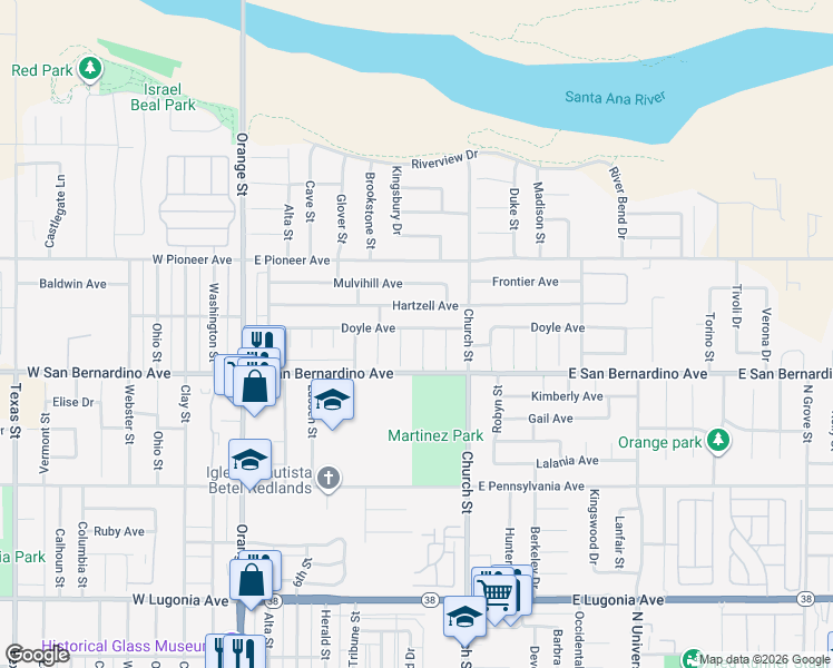 map of restaurants, bars, coffee shops, grocery stores, and more near 1631 Jason Court in Redlands