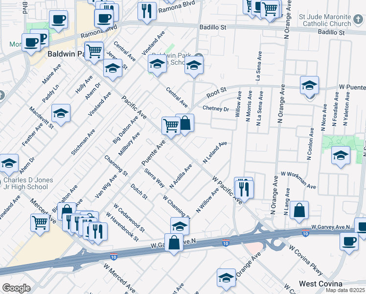 map of restaurants, bars, coffee shops, grocery stores, and more near 3703 Mayland Avenue in Baldwin Park
