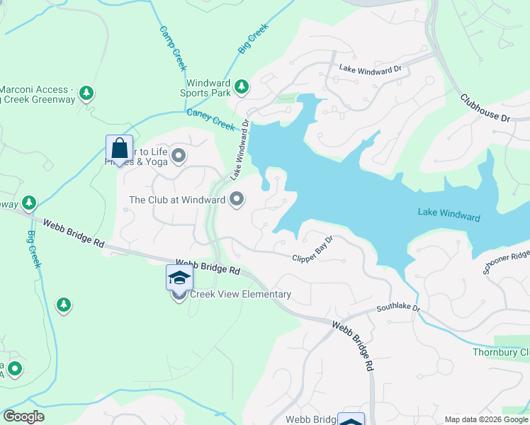 map of restaurants, bars, coffee shops, grocery stores, and more near 1595 Spinnaker Drive in Alpharetta