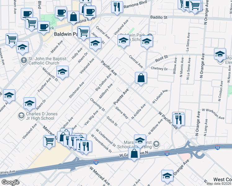 map of restaurants, bars, coffee shops, grocery stores, and more near 3626 Van Wig Avenue in Baldwin Park