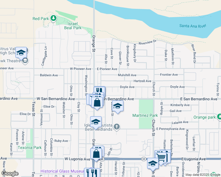 map of restaurants, bars, coffee shops, grocery stores, and more near 222 Doyle Avenue in Redlands