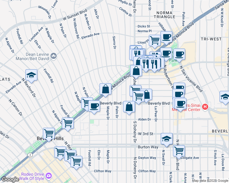 map of restaurants, bars, coffee shops, grocery stores, and more near 455 North Palm Drive in Beverly Hills