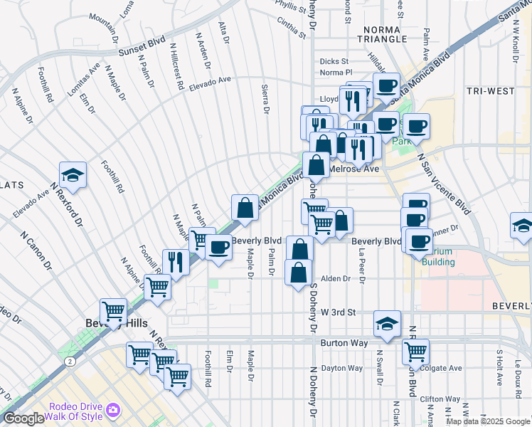 map of restaurants, bars, coffee shops, grocery stores, and more near 455 North Palm Drive in Beverly Hills