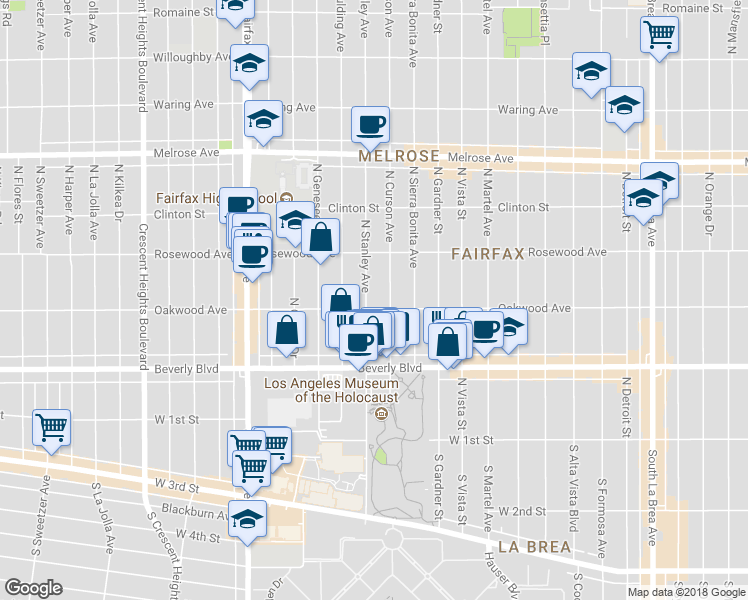 map of restaurants, bars, coffee shops, grocery stores, and more near 408 North Stanley Avenue in Los Angeles