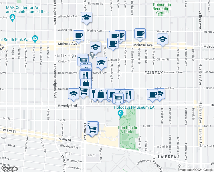 map of restaurants, bars, coffee shops, grocery stores, and more near 408 North Genesee Avenue in Los Angeles