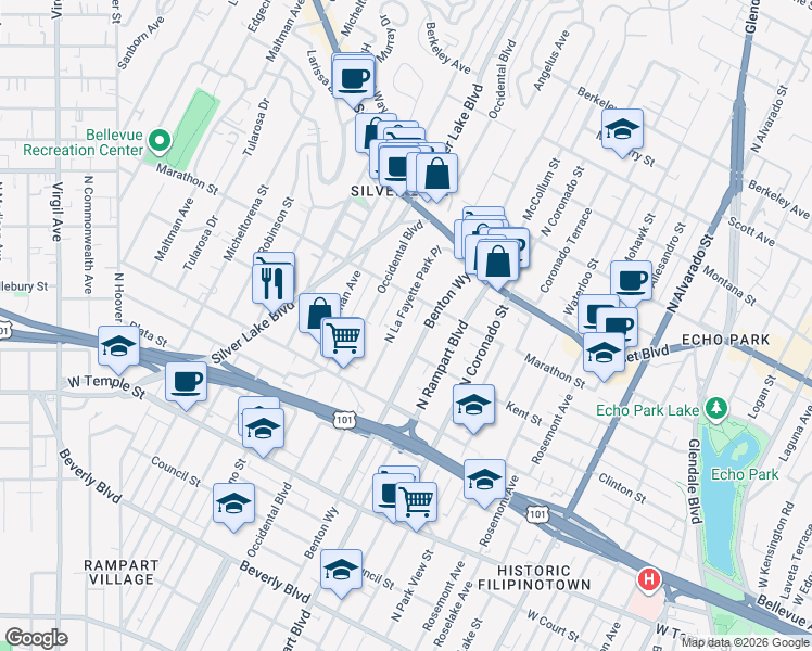 map of restaurants, bars, coffee shops, grocery stores, and more near 720 North La Fayette Park Place in Los Angeles