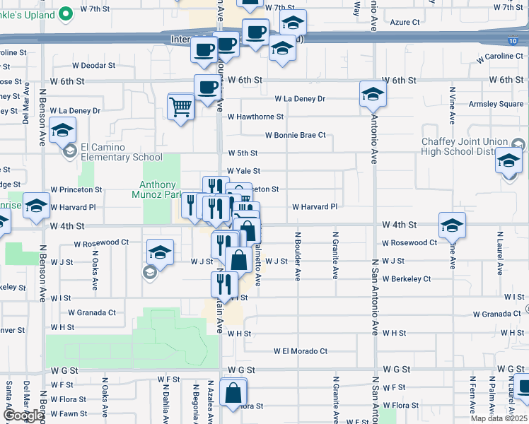 map of restaurants, bars, coffee shops, grocery stores, and more near 963 West Harvard Place in Ontario