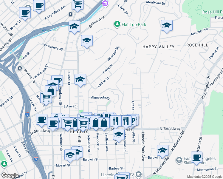 map of restaurants, bars, coffee shops, grocery stores, and more near 3314 Two Tree Avenue in Los Angeles