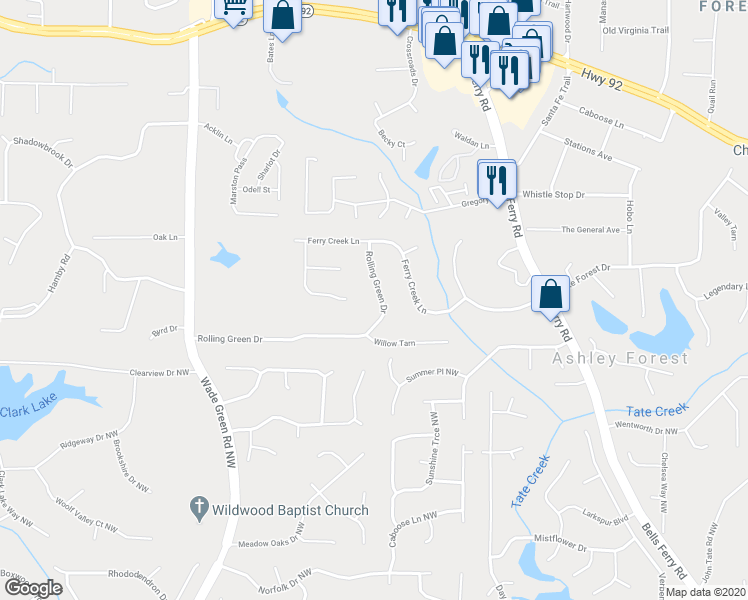 map of restaurants, bars, coffee shops, grocery stores, and more near 1064 Rolling Green Drive in Acworth