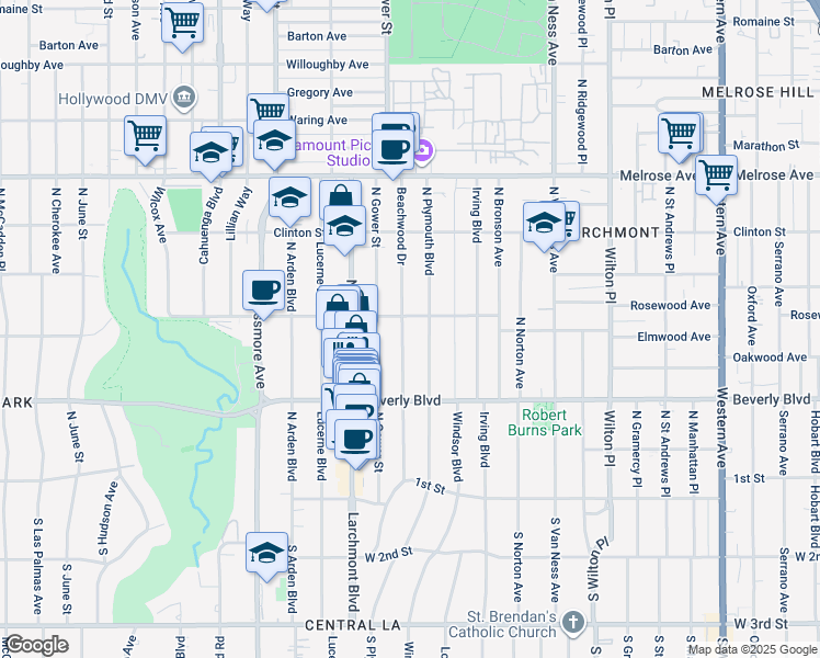 map of restaurants, bars, coffee shops, grocery stores, and more near 434 North Beachwood Drive in Los Angeles