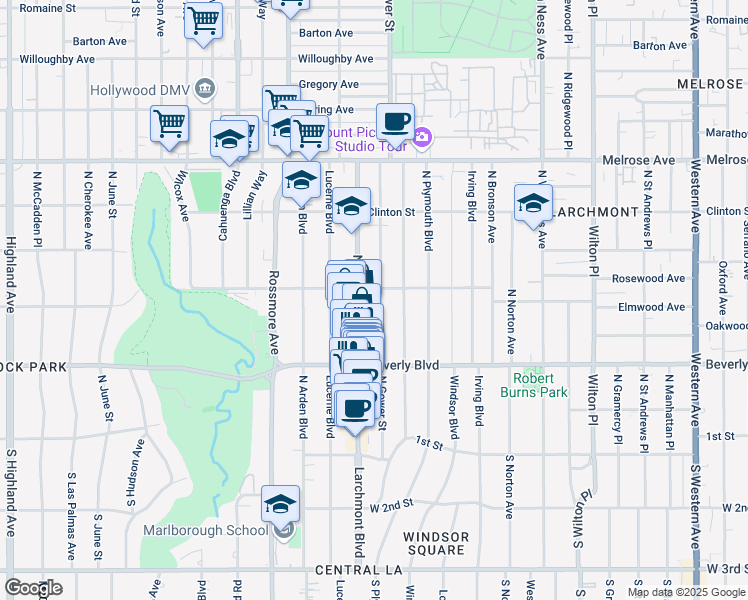 map of restaurants, bars, coffee shops, grocery stores, and more near 435 North Gower Street in Los Angeles