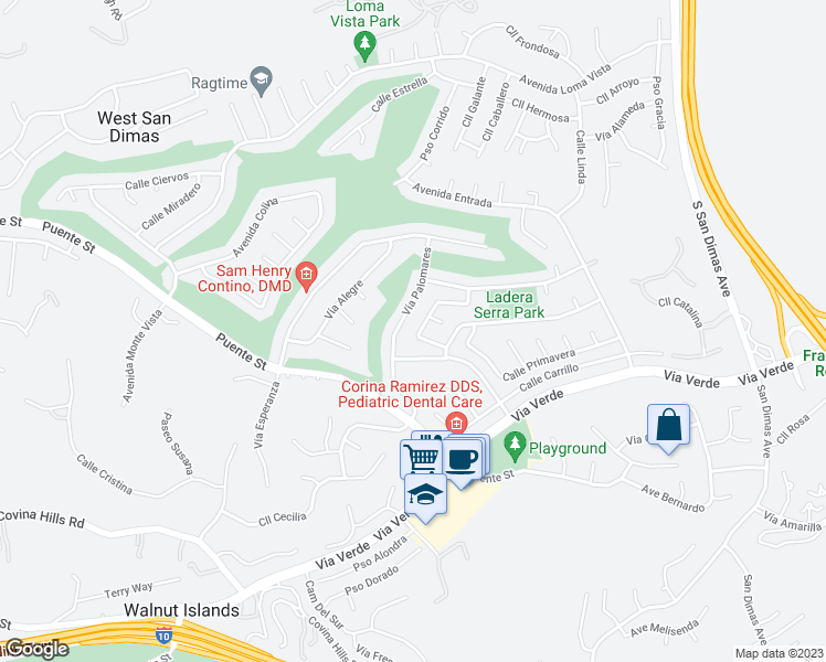 map of restaurants, bars, coffee shops, grocery stores, and more near 1765 Calle Alto in San Dimas