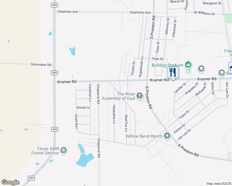 map of restaurants, bars, coffee shops, grocery stores, and more near 1401 Hiawatha Lane in Burkburnett