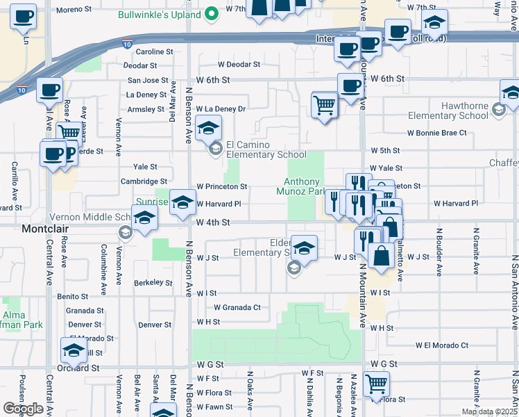 map of restaurants, bars, coffee shops, grocery stores, and more near 1353 West Harvard Place in Ontario