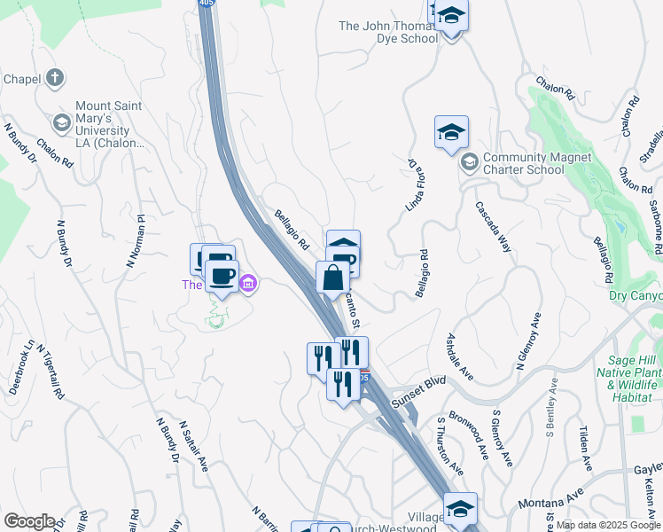 map of restaurants, bars, coffee shops, grocery stores, and more near 815 Moraga Drive in Los Angeles