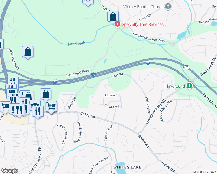 map of restaurants, bars, coffee shops, grocery stores, and more near 121 Holt Road in Acworth