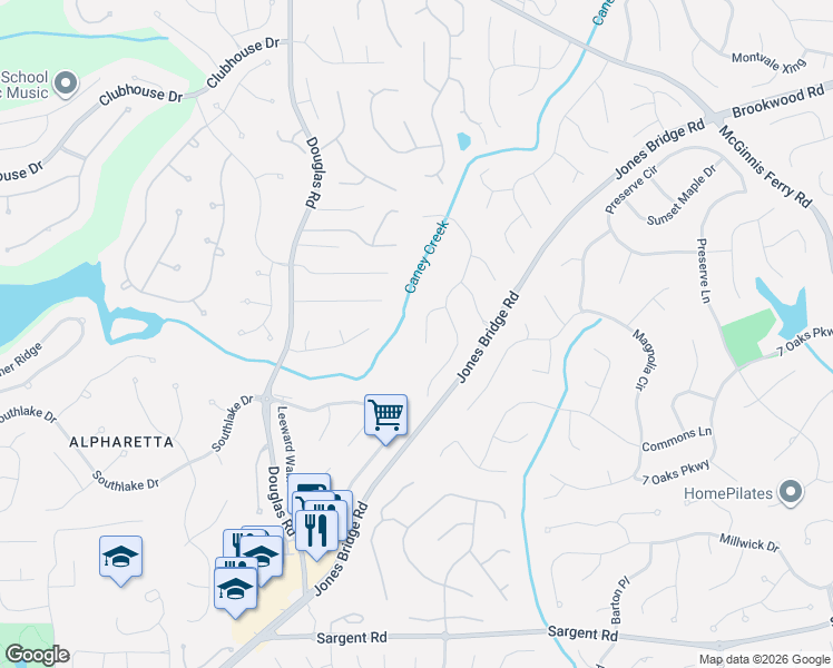 map of restaurants, bars, coffee shops, grocery stores, and more near 355 Stevens Creek Court in Alpharetta