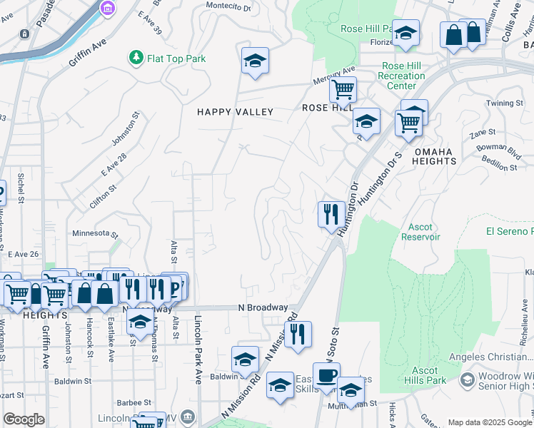 map of restaurants, bars, coffee shops, grocery stores, and more near Paradise Drive in Los Angeles