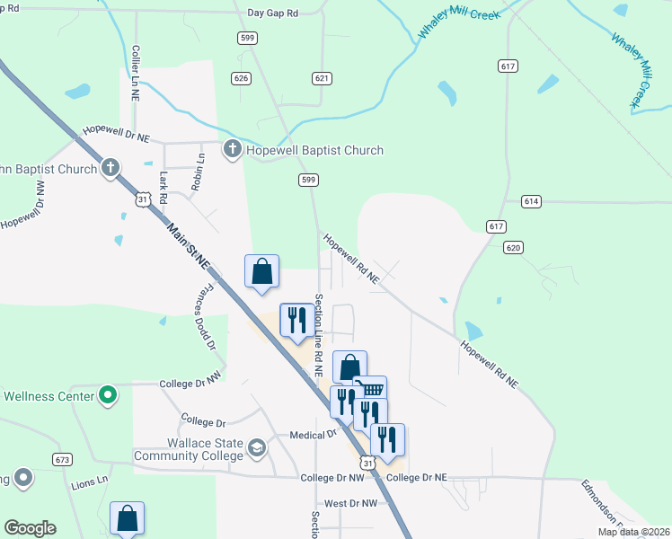 map of restaurants, bars, coffee shops, grocery stores, and more near 118 Sarah Beth Street in Hanceville