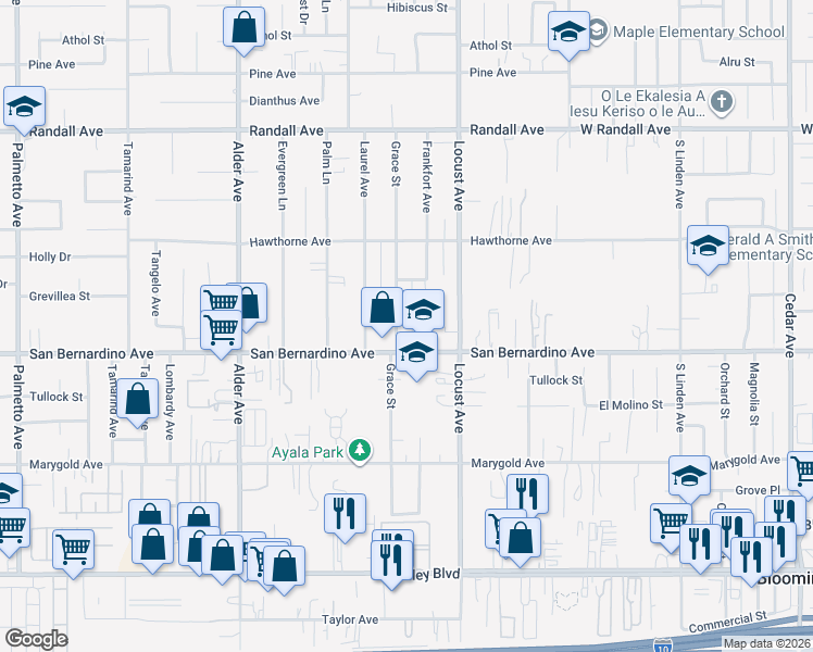 map of restaurants, bars, coffee shops, grocery stores, and more near 9649 Grace Street in Fontana