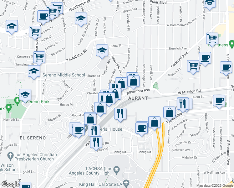 map of restaurants, bars, coffee shops, grocery stores, and more near 2822 Bullard Avenue in Los Angeles