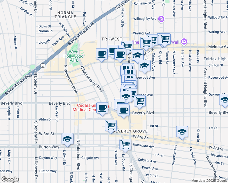map of restaurants, bars, coffee shops, grocery stores, and more near 366 Huntley Drive in West Hollywood