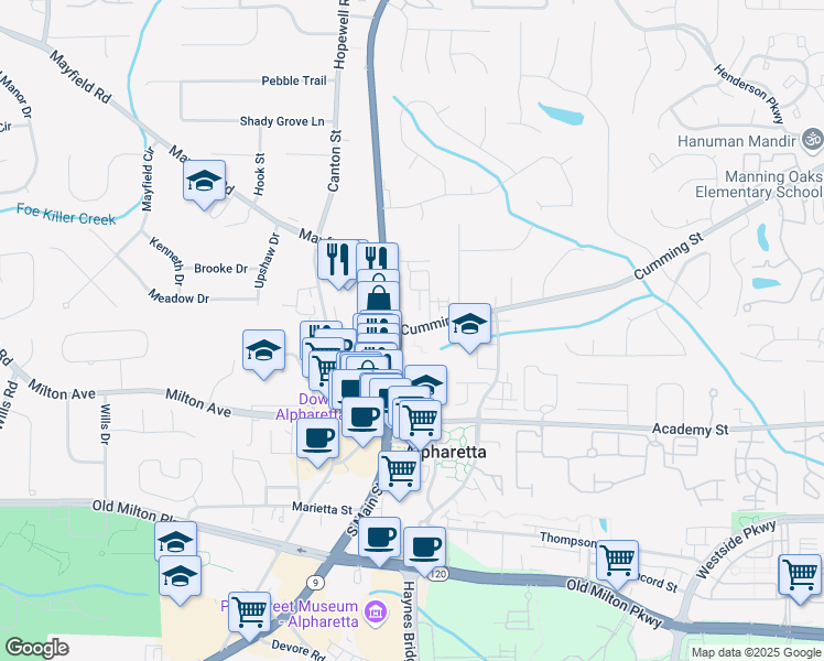 map of restaurants, bars, coffee shops, grocery stores, and more near 27 Cumming Street in Alpharetta