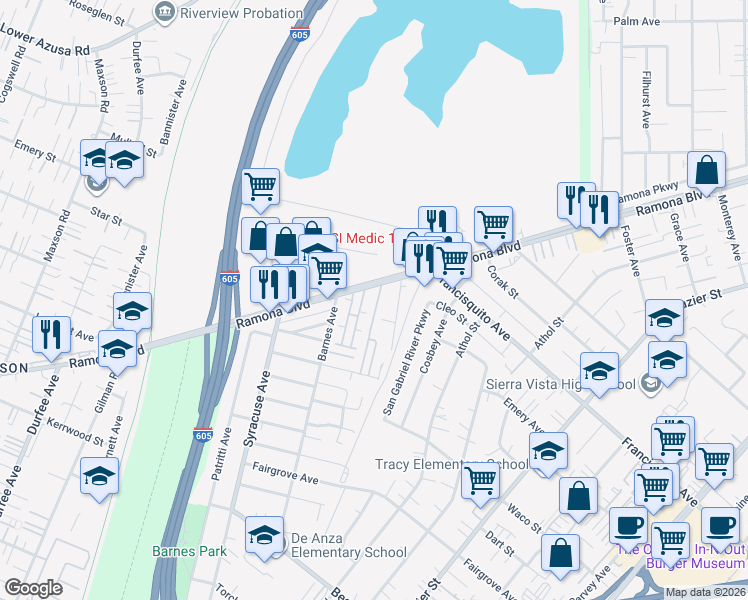 map of restaurants, bars, coffee shops, grocery stores, and more near 3709 Summer Lane in Baldwin Park