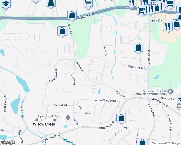 map of restaurants, bars, coffee shops, grocery stores, and more near 310 West Oaks Trail in Woodstock