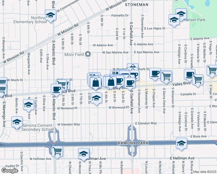 map of restaurants, bars, coffee shops, grocery stores, and more near 345A West Valley Boulevard in Alhambra