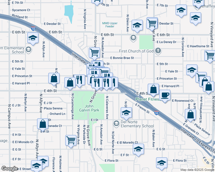map of restaurants, bars, coffee shops, grocery stores, and more near 1341 East 4th Street in Ontario