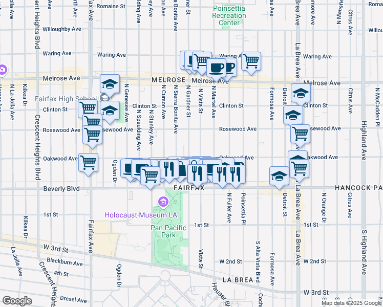 map of restaurants, bars, coffee shops, grocery stores, and more near 412 1/2 North Gardner Street in Los Angeles