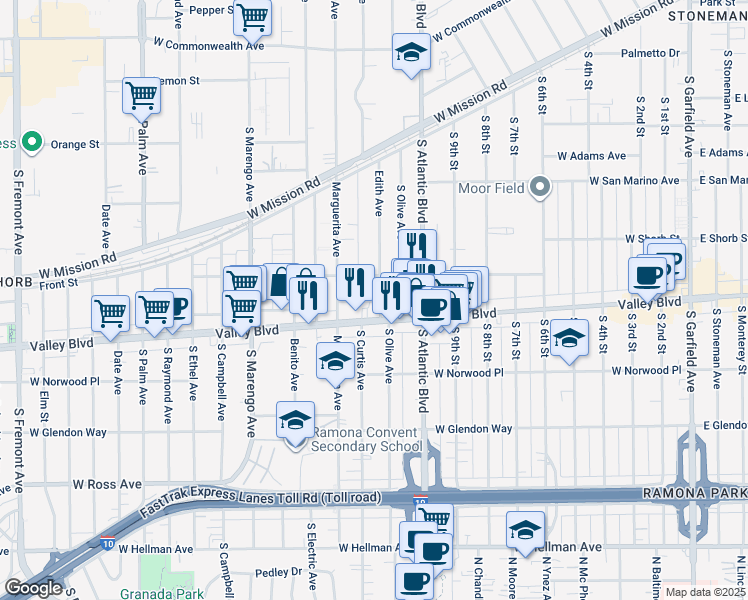 map of restaurants, bars, coffee shops, grocery stores, and more near 1221 Edith Avenue in Alhambra