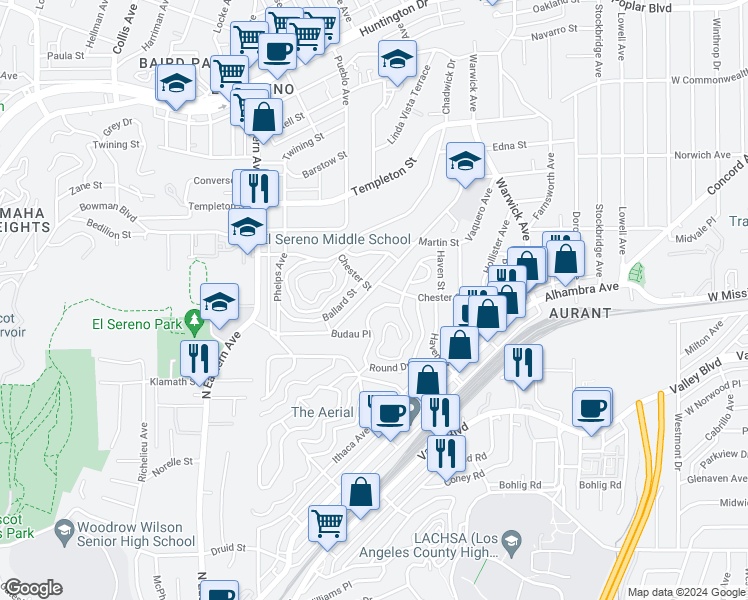 map of restaurants, bars, coffee shops, grocery stores, and more near 2864 Budau Avenue in Los Angeles