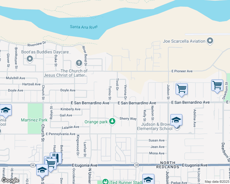 map of restaurants, bars, coffee shops, grocery stores, and more near 1659 Tivoli Drive in Redlands