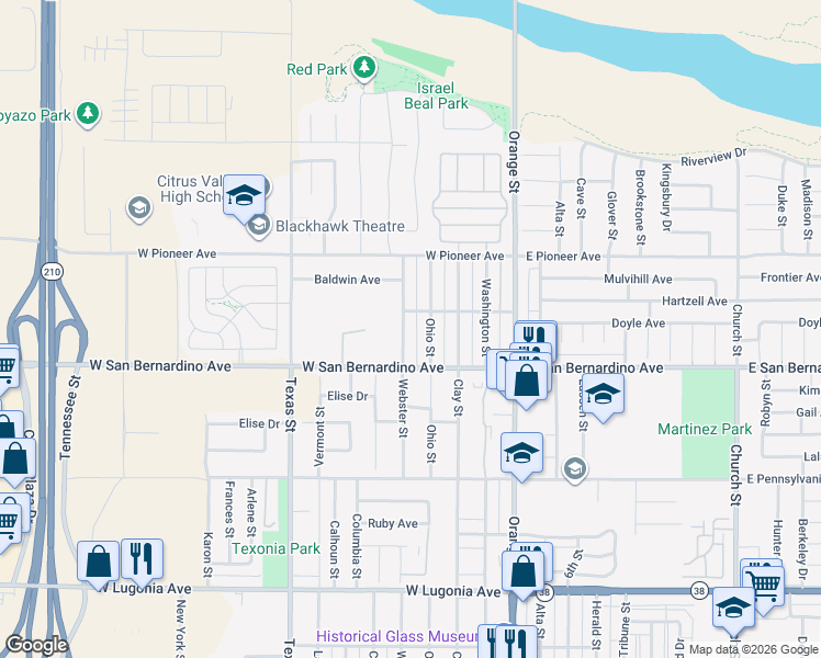 map of restaurants, bars, coffee shops, grocery stores, and more near 1636 Webster Street in Redlands