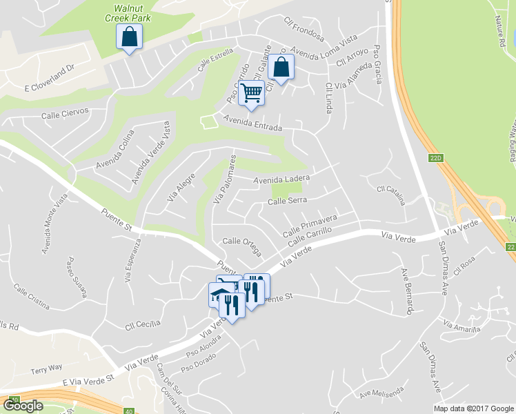 map of restaurants, bars, coffee shops, grocery stores, and more near 998 Calle Primavera in San Dimas