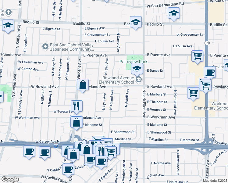 map of restaurants, bars, coffee shops, grocery stores, and more near 1227 East Marbury Street in West Covina