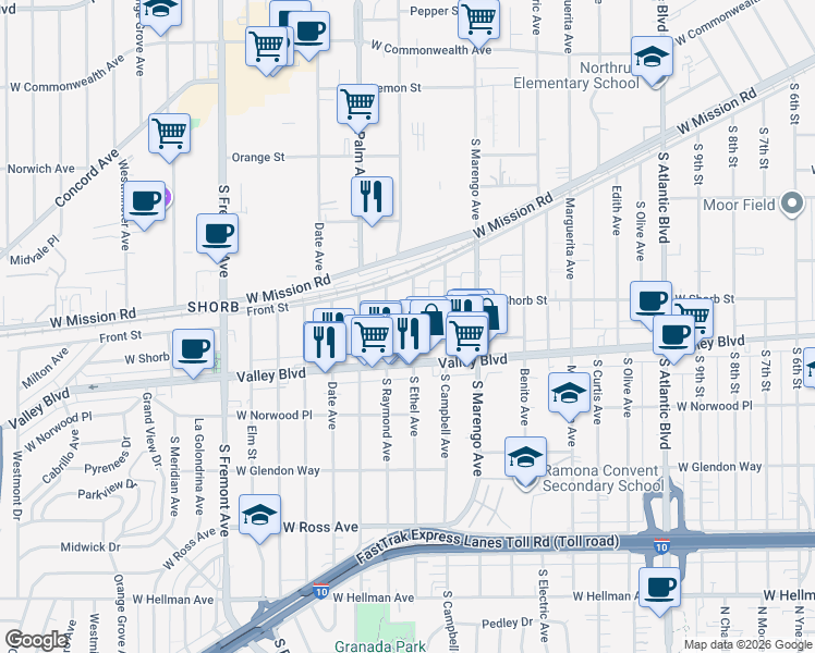 map of restaurants, bars, coffee shops, grocery stores, and more near 1221 South Ethel Avenue in Alhambra