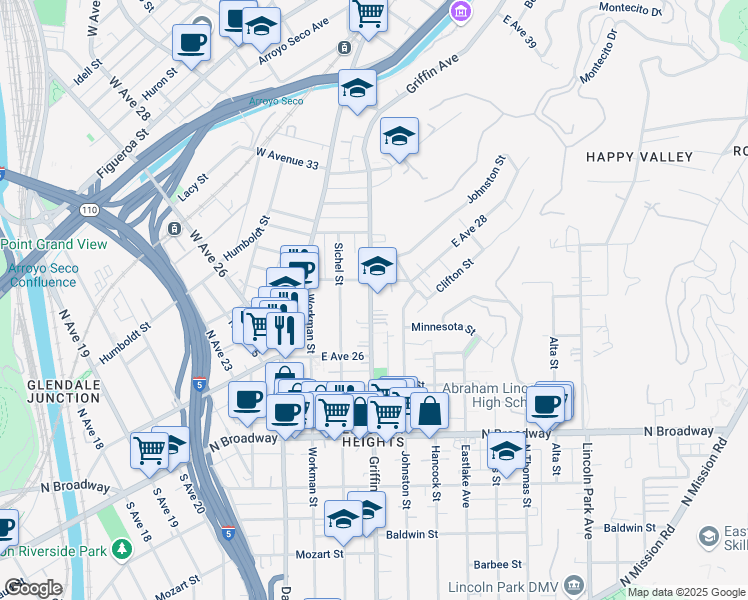 map of restaurants, bars, coffee shops, grocery stores, and more near 2654 1/2 Griffin Avenue in Los Angeles