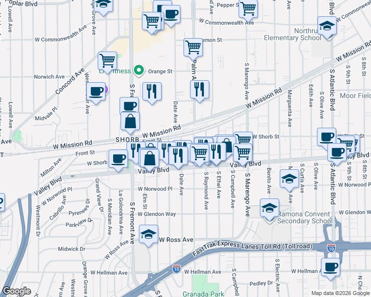 map of restaurants, bars, coffee shops, grocery stores, and more near 1300 Date Avenue in Alhambra
