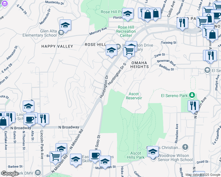 map of restaurants, bars, coffee shops, grocery stores, and more near 4208 Huntington Drive in Los Angeles
