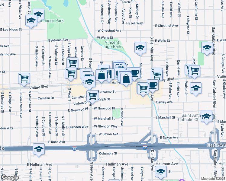 map of restaurants, bars, coffee shops, grocery stores, and more near 398 West Valley Boulevard in San Gabriel