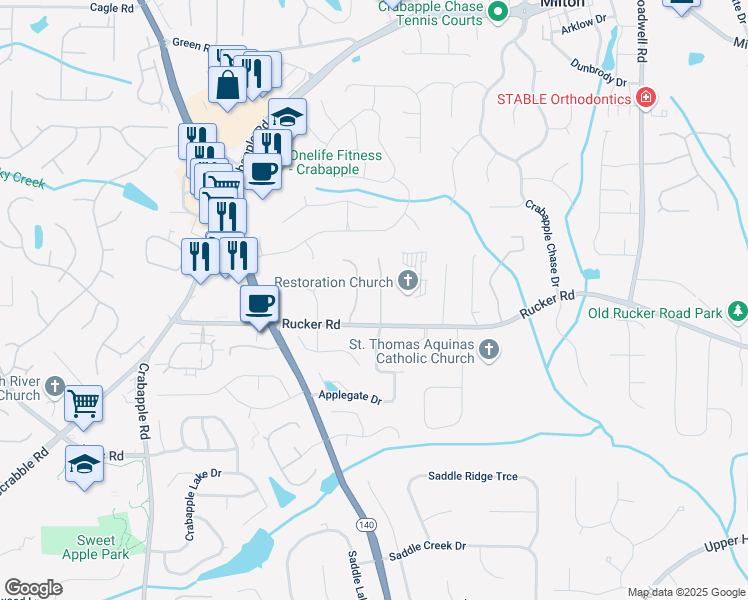 map of restaurants, bars, coffee shops, grocery stores, and more near 1055 Jordan Lane in Alpharetta