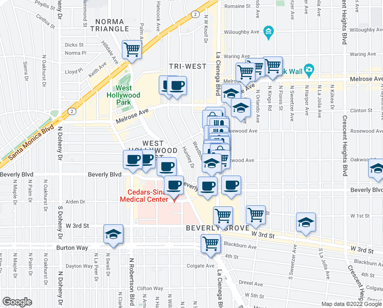 map of restaurants, bars, coffee shops, grocery stores, and more near 366 Huntley Drive in West Hollywood