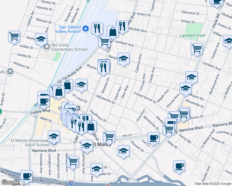 map of restaurants, bars, coffee shops, grocery stores, and more near 3829 Clark Avenue in El Monte