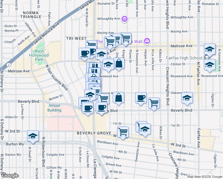 map of restaurants, bars, coffee shops, grocery stores, and more near 414 North Croft Avenue in Los Angeles