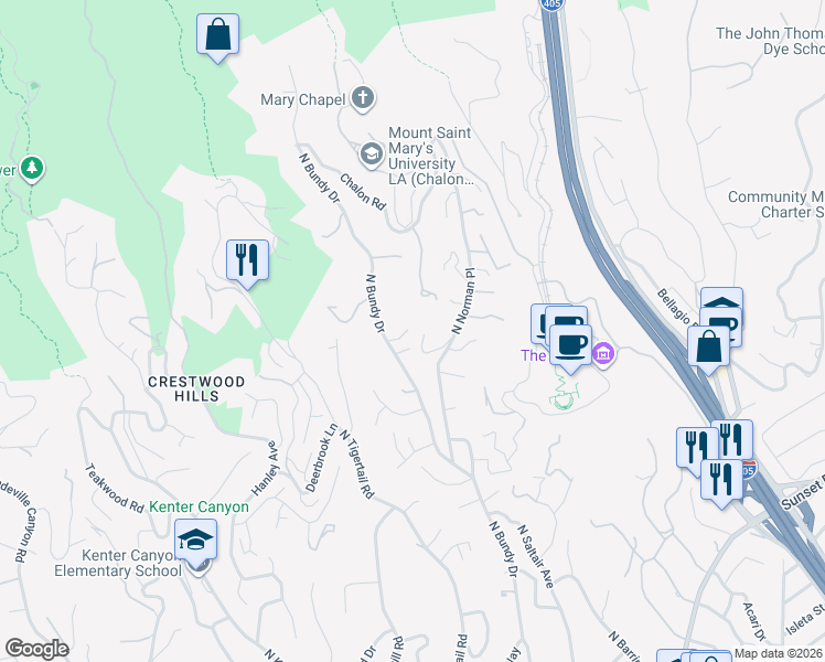 map of restaurants, bars, coffee shops, grocery stores, and more near 1004 North Bundy Drive in Los Angeles