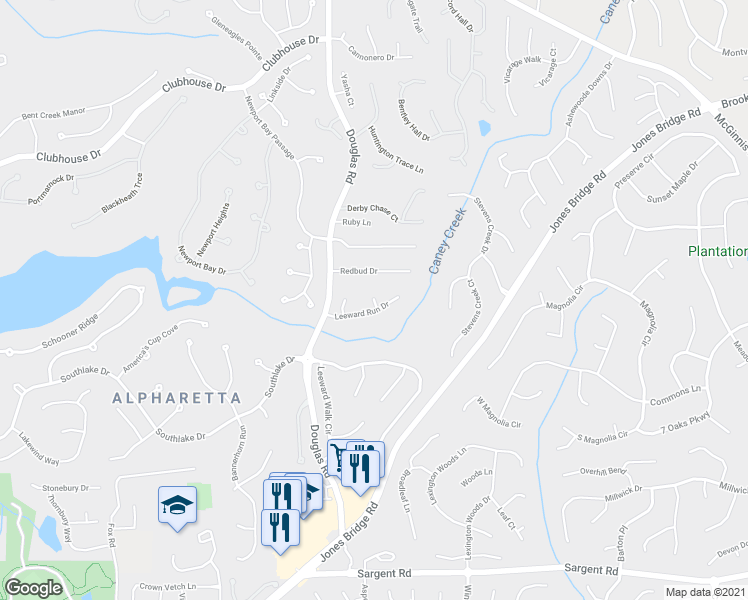 map of restaurants, bars, coffee shops, grocery stores, and more near 215 Creek Run Court in Alpharetta